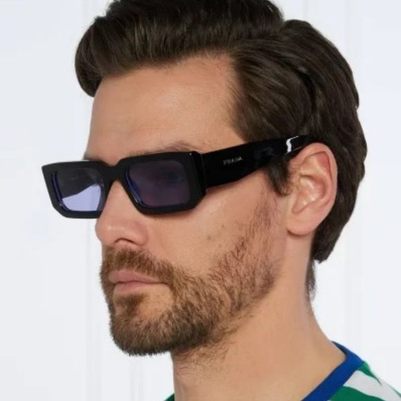 Prada PR06YS 02Z01O Sunglasses Black Blue Rectangle Unisex - Picture 3 of 14